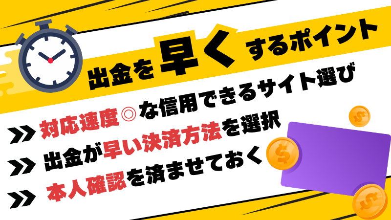 オンラインカジノで出金を早くするポイントを紹介。対応が早いカジノを選ぶ、早い決済方法を使う、本人確認を事前に済ませることが重要と解説