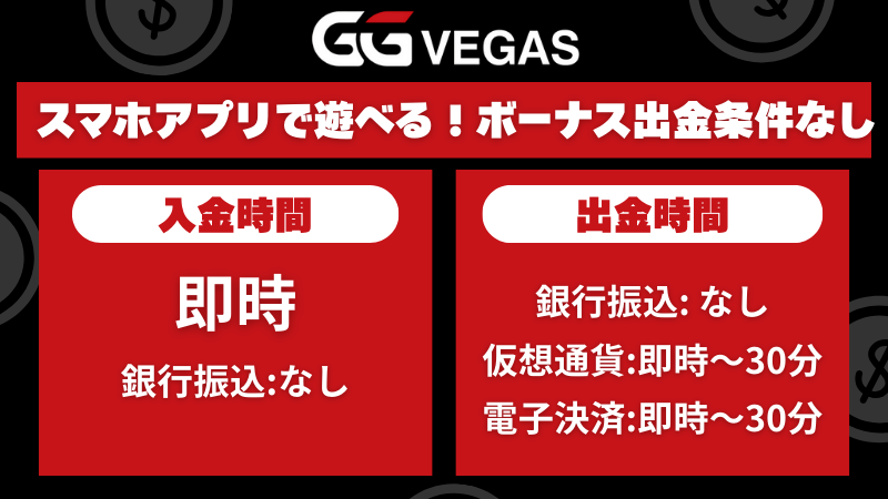 GG VEGASの入金・出金時間比較。銀行振込は非対応。仮想通貨と電子決済は即時〜30分。スマホアプリ対応、ボーナス出金条件なしが特徴