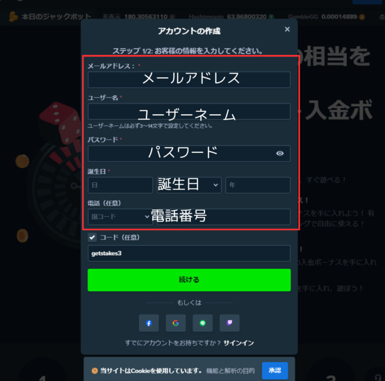 ステークカジノ 登録 必要項目