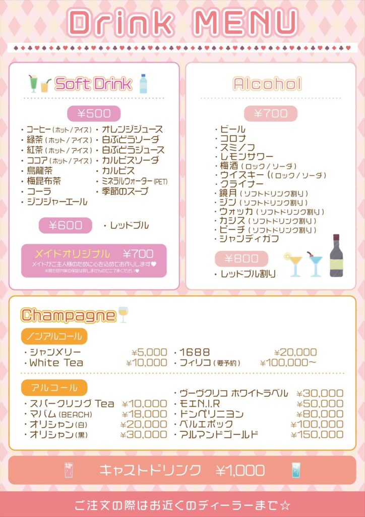 ソフトドリンク、アルコール、シャンパンを掲載したアキバギルドのドリンクメニュー